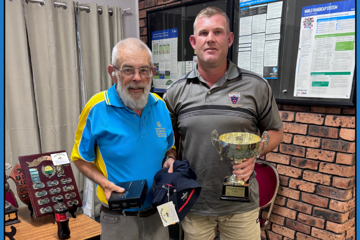 Gilgandra Golf Club captain Geoff Lummis presenting the Gil and Elsie Riley Clubman Cup to Ashley Hazelton. Photos by The Gilgandra Weekly: Lucie Wightman.