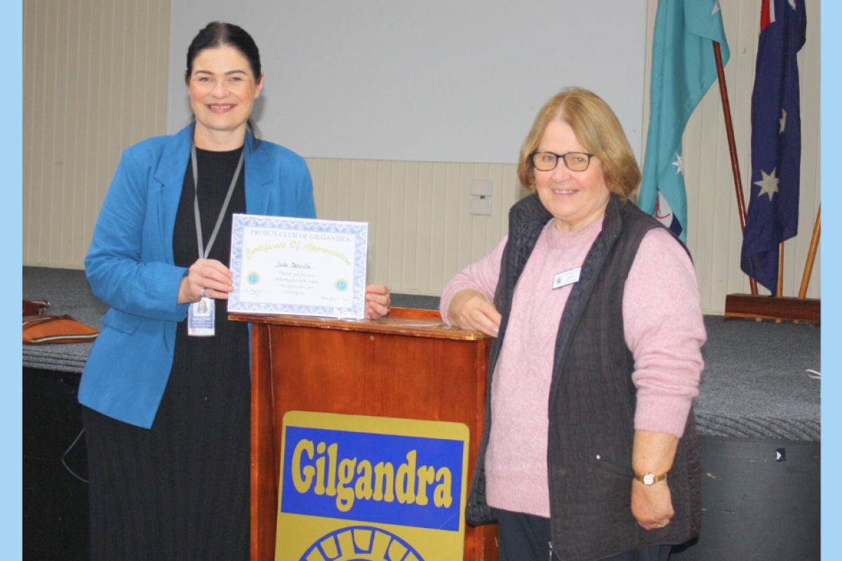 Judy Thomas presents guest speaker Jade O’Brien with her certificate of appreciation. Photos supplied.