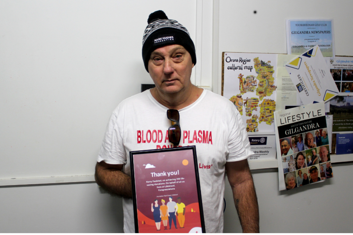 Kerry Fealstead has set a new milestone for himself, donating blood 350 times. Photo by The Gilgandra Weekly: Nicholas Croker.