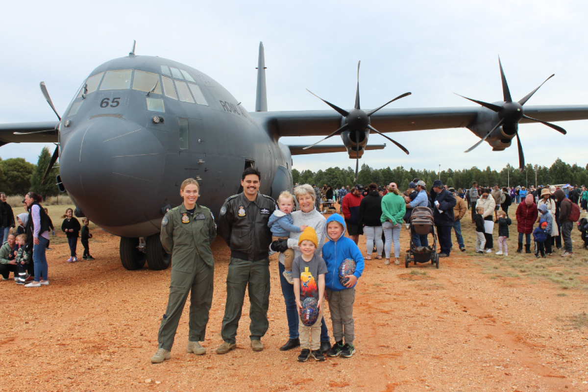 The Royal Australian Air Force’s corporal Natasha Cream and squadron leader Andrew Morgan with Jenny Gilmour and grandsons Toby, Brendon, and Robbie Bell enjoying the Hercules open day on Sunday, July 7, at Gilgandra aerodrome. Photos by The Gilgandra Weekly: Lucie Peart.
