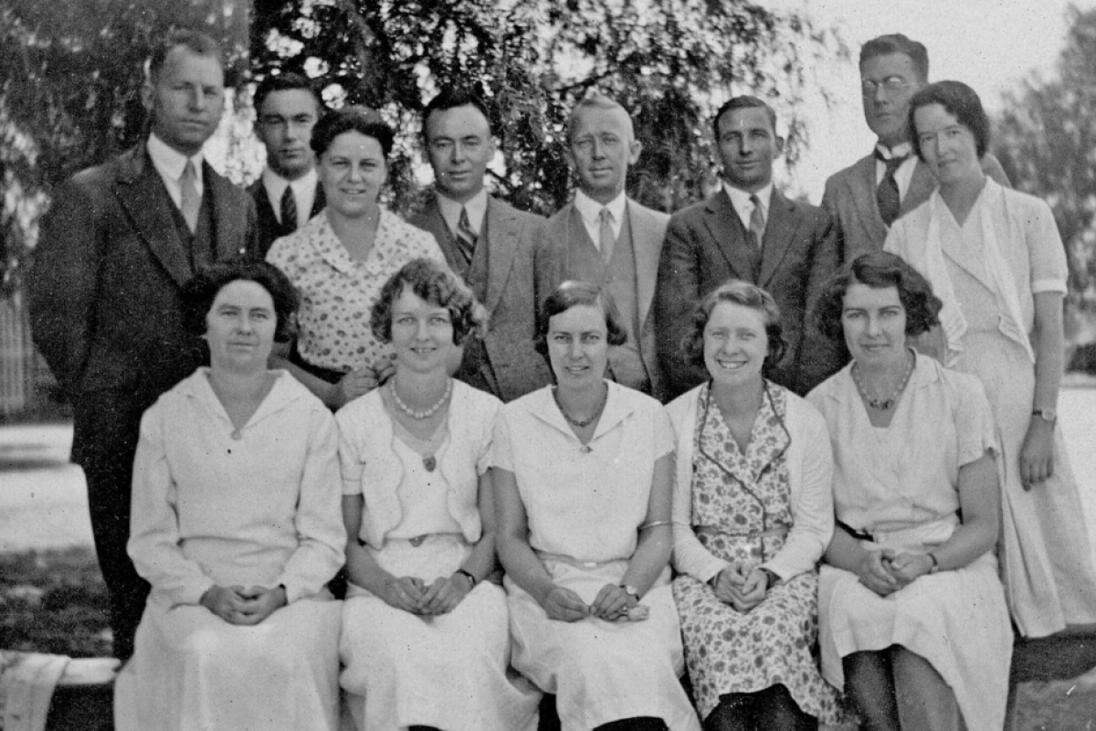 Staff of Gilgandra District School dated March 1932. Back row: Mr Holt, Mr Moroney, Miss Brown, Mr Quin, Mr Byrnes, Mr Dwyer, Mr King, and Miss Holman. Front row: Misses Horner, McGinty, Banfield, Lees, and Muller. Photos contributed by Gilgandra Historical Society, donated by Howard McGinty.