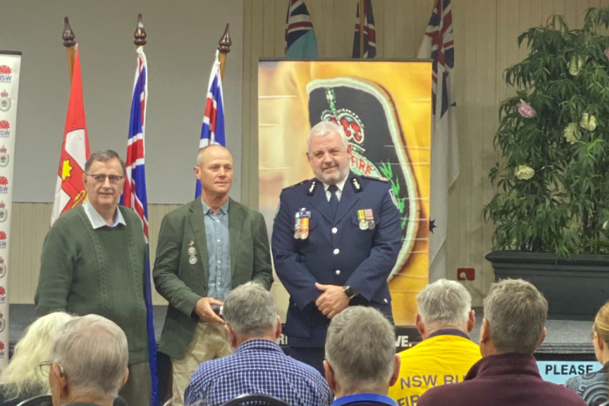 Gilgandra Shire Council mayor Doug Batten with Kent Lummis (30 and 40 years’ service) and RFS assistant commissioner Jayson McKellar AFSM.