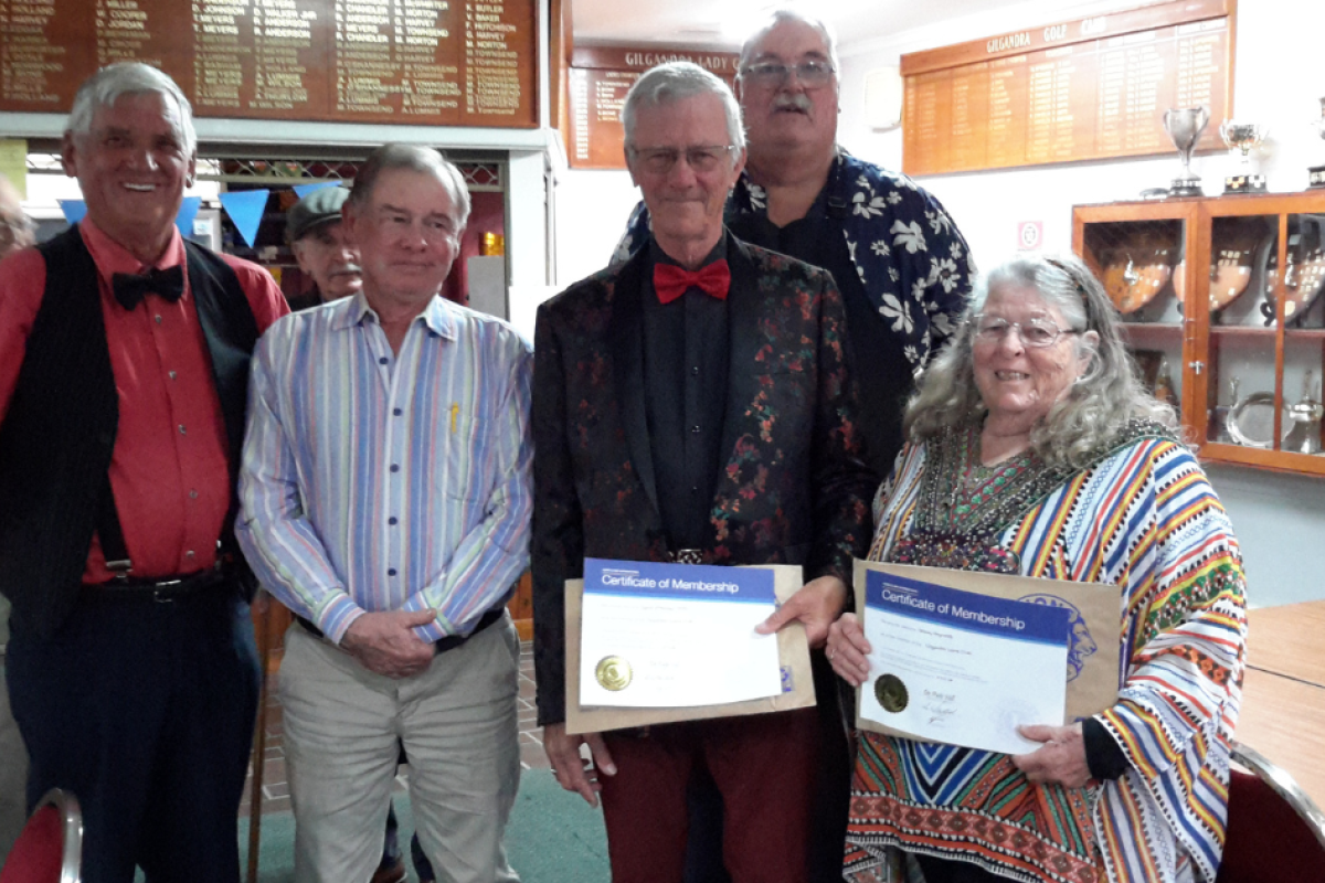 Mike Newstead, Tony Van Lubeck, with new members David McMurray-Jones and Stacey Reynolds, and Gilgandra Lions Club president Brenton Penna (back). Photos by Hilda Newstead.
