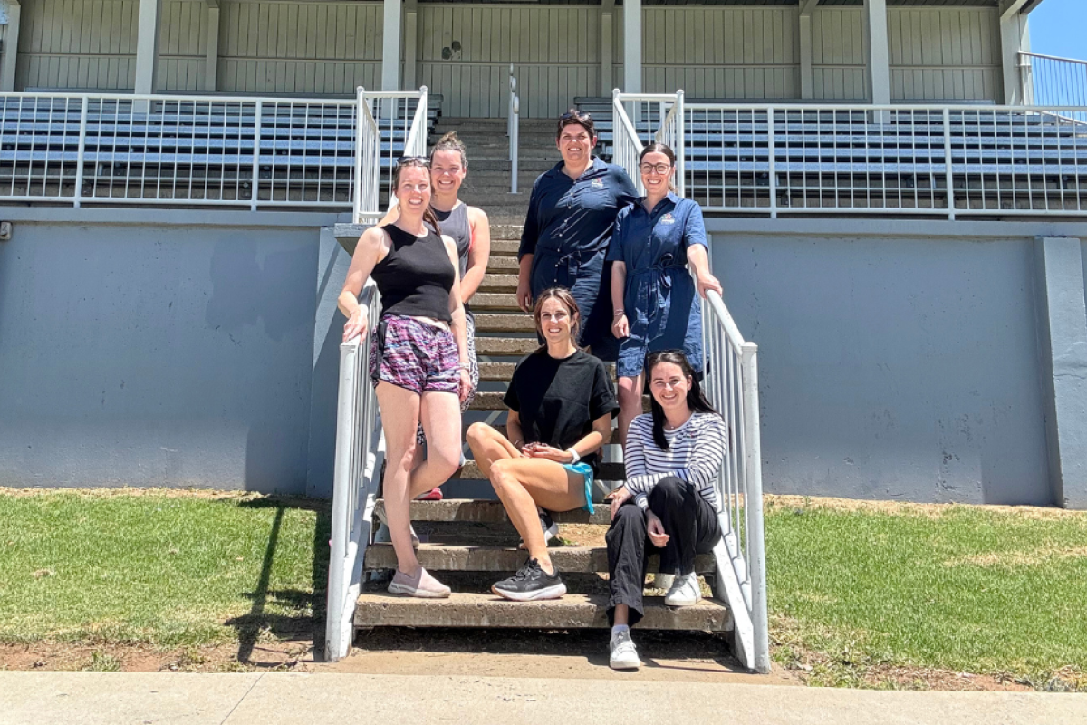 Lucie Peart, Gillian Foran, Tracey Riley, Amy Haling, Kathryn Larkin, and Kaitlyn Moss have been participating the 10-day #Gilgetsuncomfortable challenge. Monday’s challenge was 16 runs up the grandstand steps with intermittent burpees. Photo contributed.