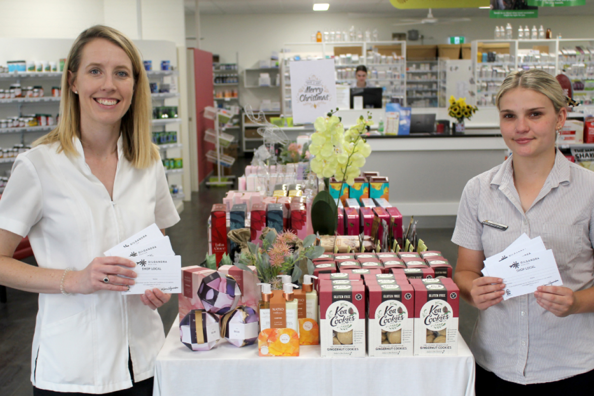 Emma Robinson and Tee Bridges from Gilgandra Pharmacy are ready for the holiday season. Already, locals are coming in and getting excited about their Christmas shopping with Shop Local, according to the pair. Photo by The Gilgandra Weekly: Nicholas Croker.