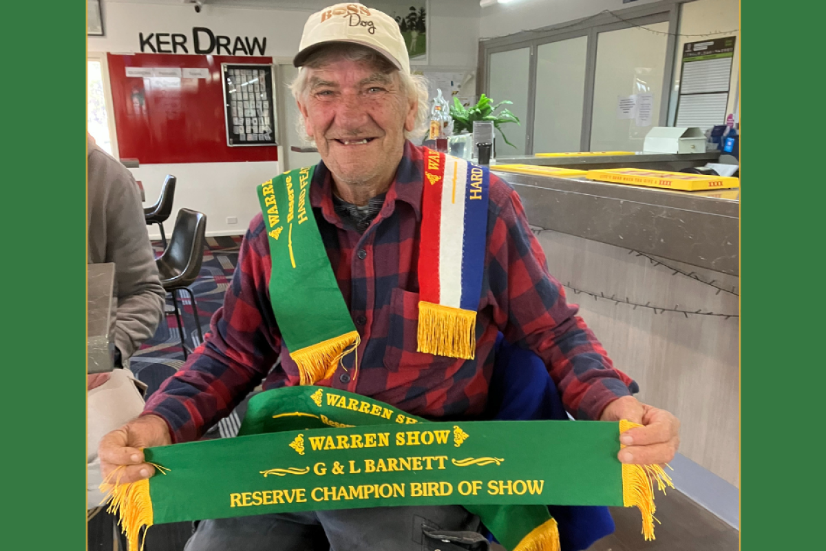 Peter ‘Rambo’ Young and his winning ribbons from various poultry exhibits at Saturday’s Warren Show. Photo supplied.