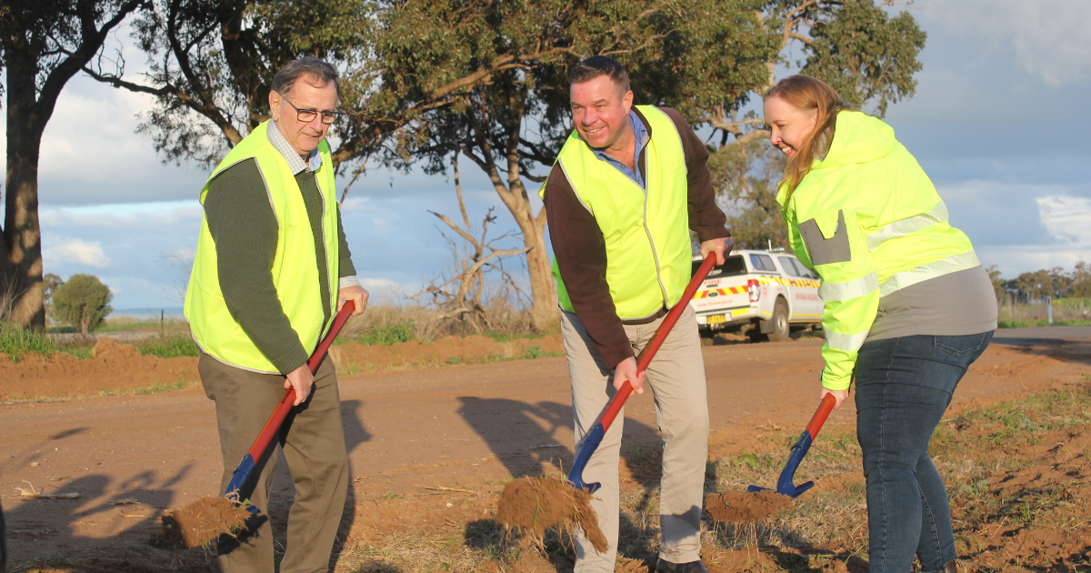 Gilgandra Shire Council mayor Doug Batten, member for Barwon Roy Butler, and minister for regional transport and roads Jenny Aitchison, participate in the official sod turning of National Park Road.
